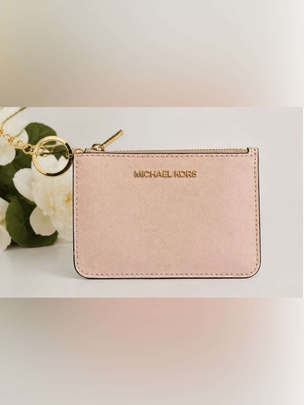 NWT Michael Kors Jet Set Travel Powder Blush Leather Card Holder Wallet Keychain